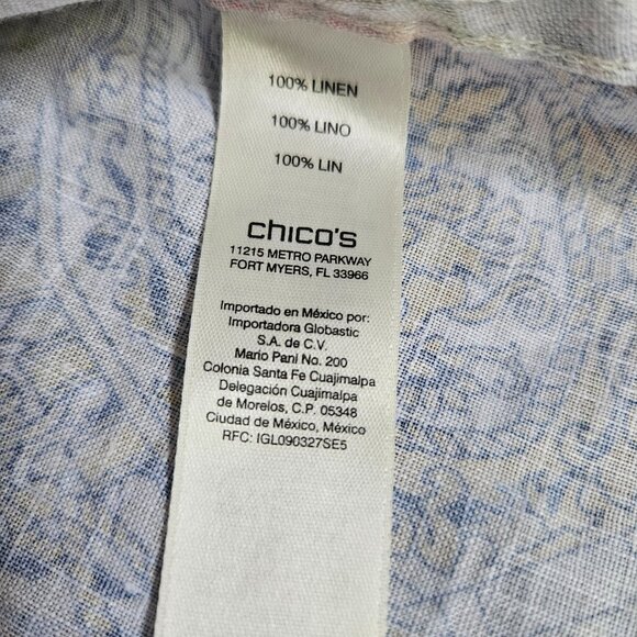 Chico's Women's Blouse SZ 0 US 4/6 Small No Iron 100% Linen Paisley Coastal Top - Picture 7 of 11